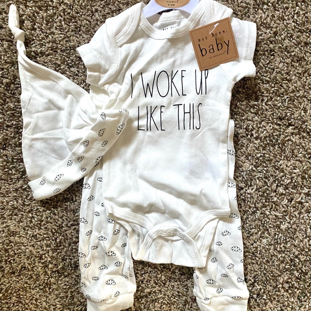 Rae Dunn Baby Onesie Bodysuit & Leggings Set w/ Cap • I WOKE UP LIKE THIS • NEW